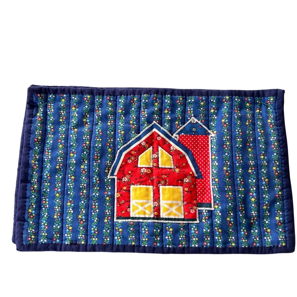 VTG Handmade Quilted Barn Placemat Blue Floral Farmhouse Decor Grandmacore